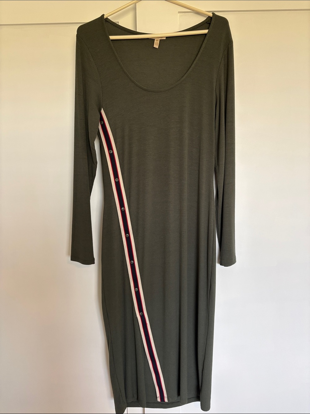Bordeaux Olive Green Long Sleeve Scoop Neck Dress with Contrast Side Stripe